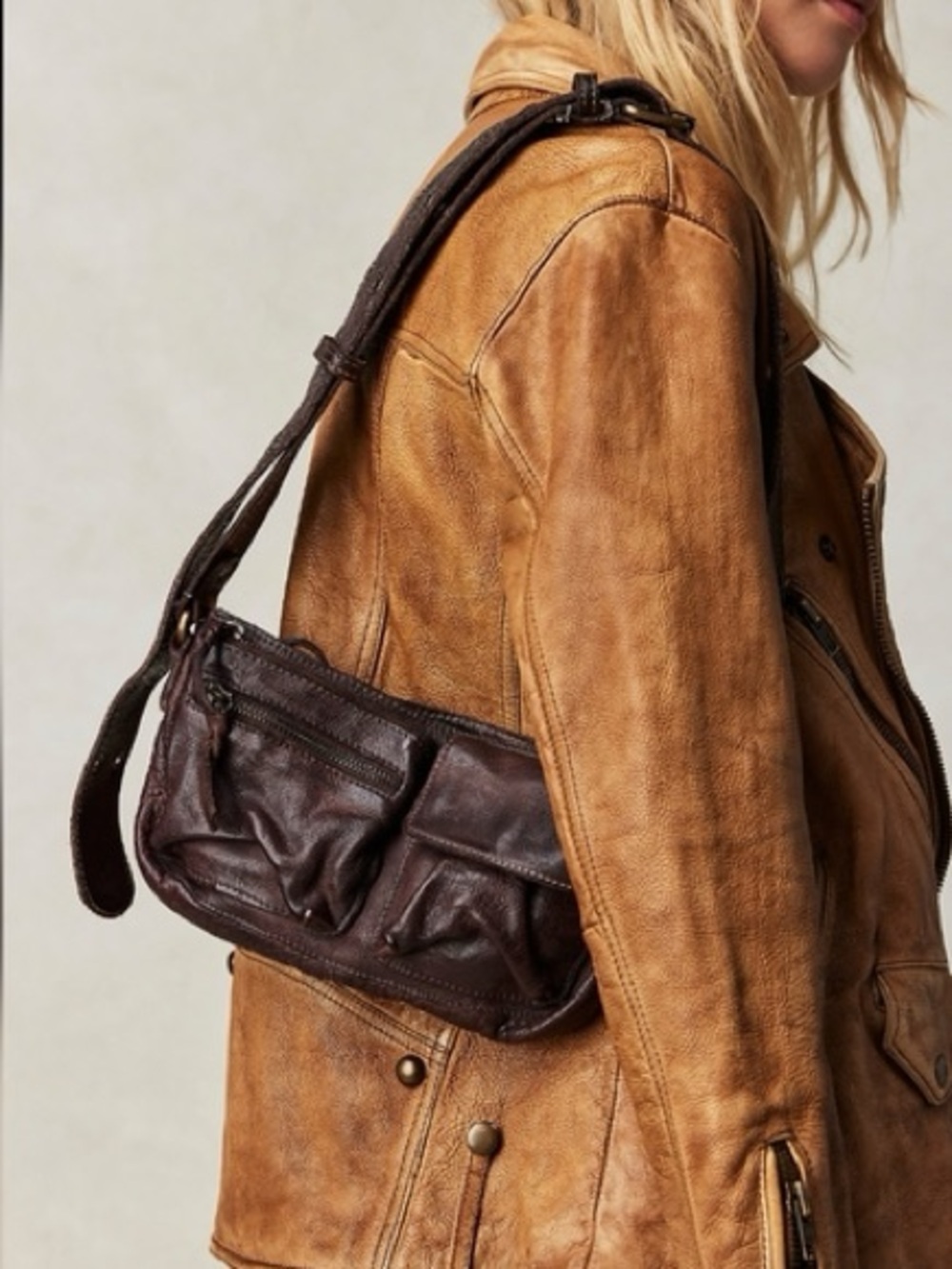 FREE PEOPLE Wade Leather Sling Purse Shoulder Cross Body Buckle Bag Dark Brown